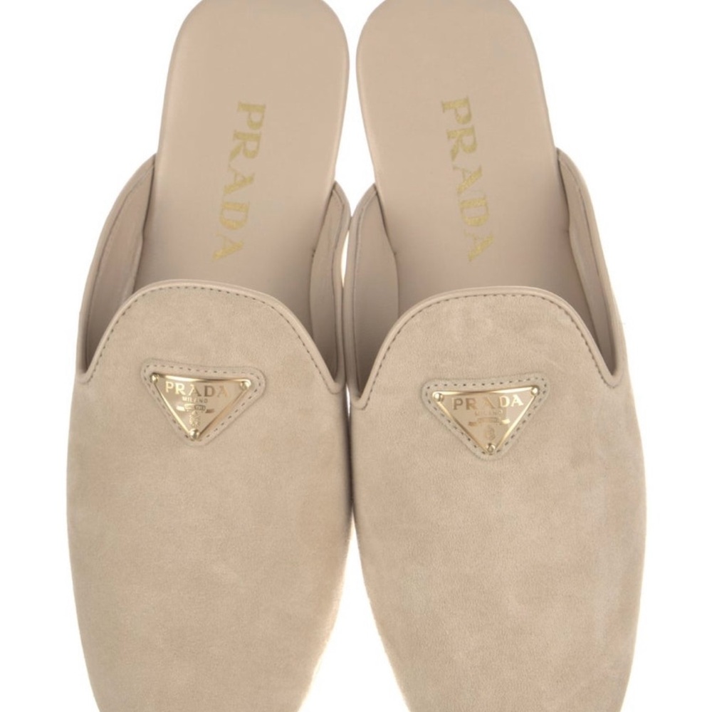Prada Tan Mules with Gold-Toned Embellishment
